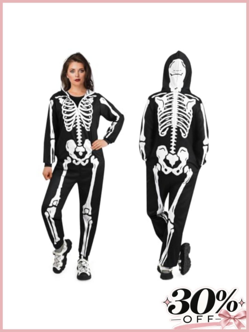 Women's Skeleton Halloween Costume Onesie Adult Zip Up Hooded Cosplay